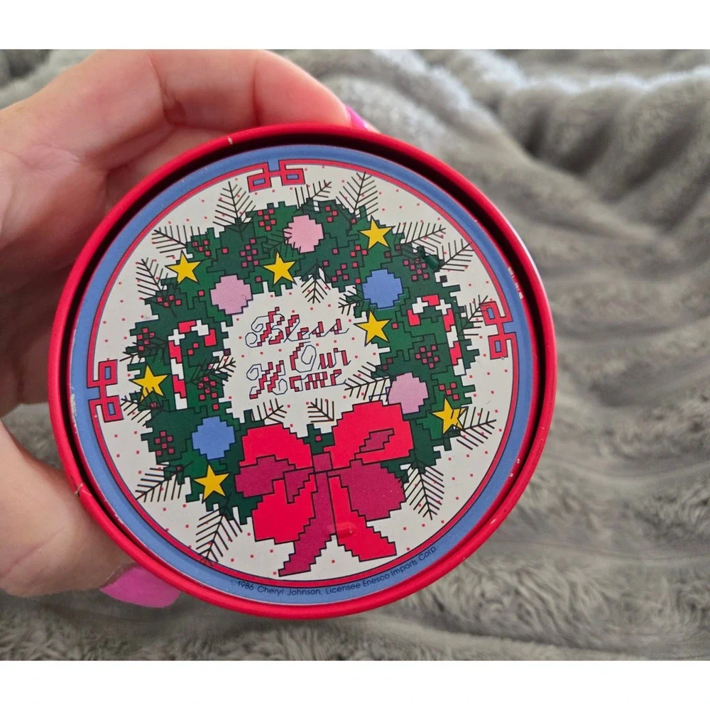 Vintage 1986 Enesco Christmas Coasters Tin Set Cheryl Johnson Bless Our Home 7pc